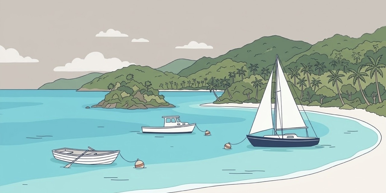Boats on moorings in a calm cove